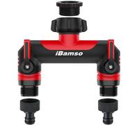 iBamso Garden Hose Splitter, 2 Way Garden Tap Splitter 3/4" Twin-Tap Connector, Faucet Connector with On/Off Valves and Extended Metal Handle, Two Channel Water Distributor for Yard Outdoor Home -Red
