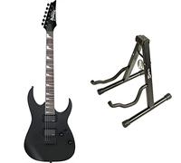 Ibanez GRG121DX-BKF GIO RG Series Electric Guitar- Black Flat & RockJam RJGS01 Universal Portable A-frame Guitar Stand for Acoustic Guitar, Electric Guitar & Bass Guitar, Black, 11.0 in*1.9 in*13.7 in