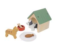 ibasenice 1 Set Dollhouse Miniatures Dog Kennel With Puppy Figures Bowl & Food - Wooden Simulation Pet House Playset - Pretend Play Toy