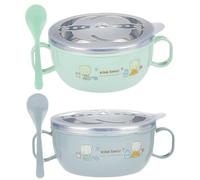 ibasenice 2 Pcs Double Insulated Stainless Steel Bowls with Cartoon Design Heat Preservation and Scald for Rice and Desserts Lightweight and Portable Green Blue