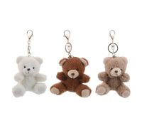 ibasenice 3pcs Plush Sitting Bear Keychains Set - Curly Hair Stuffed Bears in White, Dark Brown with White Muzzle, and Coffee Color with Gold Metal Rings - Fluffy Backpack Accessories