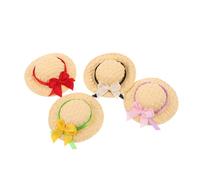 ibasenice 4pcs Miniature Hand-woven Straw Hats for Crafts Small Dollhouse Decoration Artistic Tiny Top Caps for DIY Projects Photography Props in Red Black-white Purple-pink Yellow-green