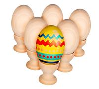 ibasenice 6 Pcs Wooden Craft Eggs with Holders Smooth Natural Wood Faux Eggs for Easter Decoration and DIY Painting for Arts and Crafts Projects