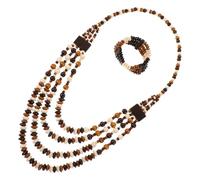 ibasenice Boho Multilayer Handmade Beaded Necklace Bracelet and Earrings Set Vintage Ethnic Style Wooden Bead Jewelry for Women Brown Multilayer Statement Collar Necklace
