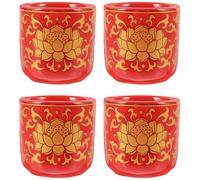 ibasenice Ceramic Water Offering Cups Set 4Pcs with Lotus Pattern and Gold Rim, 1.77 Inch Red Tibetan Buddhist Temple Cups for Home Altar and Spiritual Rituals