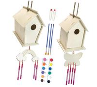 ibasenice DIY Bird House Wind Chime Kit for Craft with Birdhouses Paint Colors Brushes Wind Chimes Glue Hanging Rope Indoor Outdoor Decorative Ornament for Creative Art and Craft Projects
