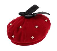 ibasenice Elegant Pearl Artificial Wool Beret Hat for Women with Chic Bowknot Design Soft Comfortable Autumn Winter Cap for Special Events and Daily Wear Fashionable Classic Newsboy Style Dark Red