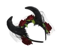ibasenice Gothic Demon Horns Headband with Realistic Rose Flowers and Lace Veil Lightweight Halloween Hair Accessory for Masquerade Cosplay Party and Stage Performances