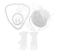ibasenice Women S Tea Party Headwear with Veil Headband Pearl Necklace Bracelet Earrings Lace Gloves for Victorian Costume Wedding Halloween Summer Funeral Accessories