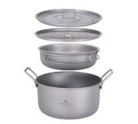 iBasingo 1900ml Titanium Soup Pot & 900ml Frying Pan Set with Lid & Steamer Grid Ultralight Outdoor Camping Cookware Indoor Wok Tea Tray Open Fire Multifunctional Mess Kit Ti2057C