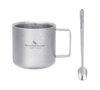iBasingo 220ml Titanium Coffee Cup with Spoon Double Wall Mini Mug for Espresso, Tea Camping & Travel Durable Lightweight Portable Drinkware Ti3052D+Ti1134T (Silver)