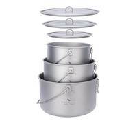 iBasingo Titanium Camping Pot Set 1.3L/1.95L/2.9L Stable Hanging Stockpot with Lid Lightweight Stackable Cookware for 1-4 People, Outdoor Cooking for Backpacking Hiking Bushcraft Ti2056C