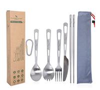 iBasingo Titanium Cutlery Set Camping Dinner Fork Spoon Spork Knife Round Chopsticks Small Tableware Lightweight Picnic Hiking Outdoor Travel Dinnerware Utensils Metal Flatware Set with Hook Ti1053T