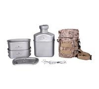 iBasingo Titanium Military Canteen Cup Set 1100ml Water Bottle & 750ml + 400ml Pots Ultralight Outdoor Cookware Mess Kit with Lid, Hanging Chain & Camo Pouch for Camping, Hiking, Bushcraft Ti2049C