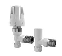 iBathUK Eco Thermostatic Radiator Valve (TRV) and Lockshield Valve,Solid Brass,Angled Round Radiator Valve Pair, Central Heating, Tower Rail Valve- All White