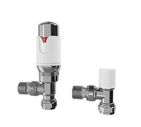 iBathUK Equa Thermostatic Wall/Floor Mounted Angled Radiator Valve TRV with Lockshield, Modern Brass Build Universal Fit Radiator Valves for Panel Towel Designer Radiators in White/Chrome, 15mm