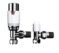 iBathUK Pro Thermostatic Angled Radiator Valve 1/2" (TRV) and Lockshield Valve, Central Heating, Tower Rail Valve- White/Chrome