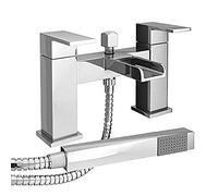 iBathUK Square Waterfall Bath Shower Mixer Filler Tap Kit, Hot and Cold Taps, Dual Lever Tap with Shower Attachment, Square Bathroom and Basin Taps - Chrome,G3/4"