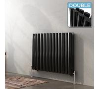 iBathUK Strata Wall-Mounted Horizontal Double Oval Panel Radiator, 13 Column Steel High Thermal Output Hydronic Central Heating, Designer Modern Radiator in Gloss Black, 600 × 767mm
