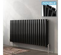 iBathUK Strata Wall-Mounted Horizontal Double Oval Panel Radiator, 20 Column Steel High Thermal Output Hydronic Central Heating, Designer Modern Radiator in Gloss Black, 600 × 1180mm