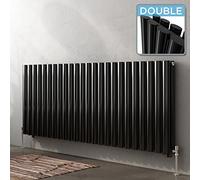 iBathUK Strata Wall-Mounted Horizontal Double Oval Panel Radiator, 24 Column Steel High Thermal Output Hydronic Central Heating, Designer Modern Radiator in Gloss Black, 600 × 1416mm