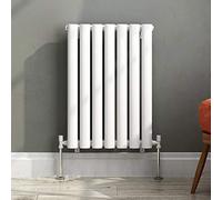 iBathUK Strata Wall-Mounted Horizontal Double Oval Panel Radiator, 7 Column Steel High Thermal Output Hydronic Central Heating, Designer Modern Radiator in Matt White, 600 × 413mm