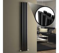 iBathUK Strata Wall-Mounted Vertical Double Oval Panel Radiator, 4 Column Steel High Thermal Output Hydronic Central Heating, Designer Modern Radiator in Gloss Black, 1800 × 236mm