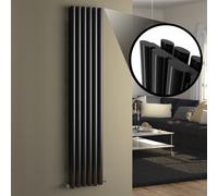 iBathUK Strata Wall-Mounted Vertical Double Oval Panel Radiator, 6 Column Steel High Thermal Output Hydronic Central Heating, Designer Modern Radiator in Gloss Black, 1800 × 354mm