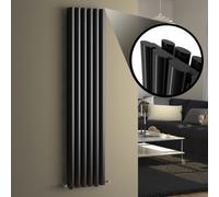 iBathUK Strata Wall-Mounted Vertical Double Oval Panel Radiator, 6 Column Steel High Thermal Output Hydronic Central Heating, Designer Modern Radiator in Gloss Black, 1600 × 354mm