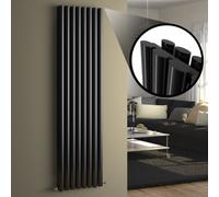 iBathUK Strata Wall-Mounted Vertical Double Oval Panel Radiator, 8 Column Steel High Thermal Output Hydronic Central Heating, Designer Modern Radiator in Gloss Black, 1800 × 472mm