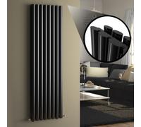 iBathUK Strata Wall-Mounted Vertical Double Oval Panel Radiator, 8 Column Steel High Thermal Output Hydronic Central Heating, Designer Modern Radiator in Gloss Black, 1600 × 472mm