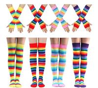 Ibeauti 8 Pcs Womens Striped Knee High Socks Stockings Y2K Goth Knitted Long Arm Warmer Fingerless Gloves Set, 4-rainbow Color, M