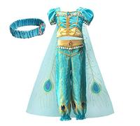 ibella Aladdin Jasmine Costume, Halloween, Costume for Kids, Aladdin and Magic Lamp, Headband, Cloak Top, Pants, Set of 4, Jasmine Style, Princess Stage, Halloween, Christmas, green, 100