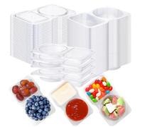 IBEQUEM 100Pcs Double Compartment Condiment Containers with Lids, Clear Disposable 2 Compartment Snack Container, Small Plastic Portion Cups for Candy Salad Dressing Sauce Travel Snacks Sampling