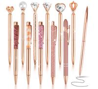IBEQUEM 12Pcs Rose Gold Metal Crystal Diamond Ballpoint Pen Set | Shimmer Liquid Sand Glitter Inside, Black Ink Pens As Stationery Gifts for Female Teachers and Students