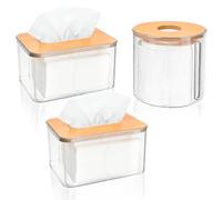 IBEQUEM 3PCS Tissue Box Holder, Clear Toilet Wipes Dispenser Box with Bamboo Wood Lid, Rectangular Container for Office, Living Room,Car, Bathroom, Bedroom
