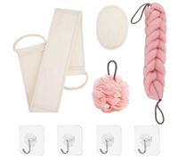 IBEQUEM 4Pcs Natural Exfoliating Loofah Back Scrubber For Shower Bath, 60g Bath Mesh Pouf Shower Ball&Long Stretch Back Sponge With Rope Handles For Women & Men Body Back Scrubber Deeply Clean, 4Hooks