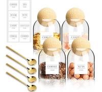 IBEQUEM 4PCS Tea Coffee and Sugar Canisters Set, 500ML/17Oz Glass Storage Jar with Round Ball Cork with 8 Labeling Stickers, Perfect Organizer Container for Spices, Candies, Seasonings