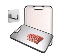 IBEQUEM Chopping Board Double Sided for Kitchen，Stainless Steel and Wheat Straw PP Food-Grade Cutting Boards，Non-Slip Silicone Edge, Juice Groove，with A Hook