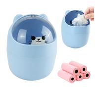 IBEQUEM Mini Trash Can, Cute Small Trash Can with Lid, Desktop Paper Bin with 5 Rolls of Bin Liners, Portable Tabletop Dustbin, Cartoon Rubbish Storage for Office Bedroom Desk Car Kitchen (Blue)