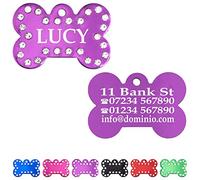 Ibera Gifts - Bone ID Tag for Medium/Big Pets with Rhinestones, for Dogs and Cats, Engraved and Personalised Identity Collar Plate (Purple)