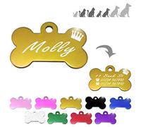 Ibera Gifts - Bone ID Tag with Crown for Small/Medium Pets, for Dogs and Cats, Engraved and Personalised (Gold)