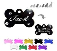 Ibera Gifts - Bone ID Tag with Paws for Medium to Large Pets, for Dogs and Cats, Engraved and Personalised (Black)