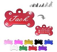 Ibera Gifts - Bone ID Tag with Paws for Small/Medium Pets, for Dogs and Cats, Engraved and Personalised (Red)