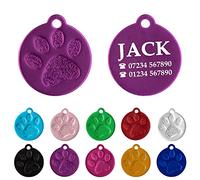 Ibera Gifts - Engraved Round Id Tag for Medium to Large Dogs and Cats - with Paw - Collar Name Personalised Pets Custom Engraving Identity (Purpel)
