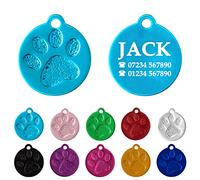 Ibera Gifts - Engraved Round Id Tag for Medium to Large Dogs and Cats - with Paw - Collar Name Personalised Pets Custom Engraving Identity (Light Blue)