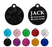 Ibera Gifts - Engraved Round Id Tag for Small to Medium Dogs and Cats - with Paw - Collar Name Personalised Pets Custom Engraving Identity (Black)