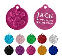 Ibera Gifts - Engraved Round Id Tag for Small to Medium Dogs and Cats - with Paw - Collar Name Personalised Pets Custom Engraving Identity (Hotpink)