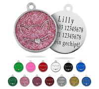 Ibera Gifts - Personalised Cat Collar - Alloy Metal Cat Tag with Name, Customizable Identification Tag for Medium to Large Pets, Round Shape with Cat Face Design, Fiber Laser Engraving (Pink Glitter)