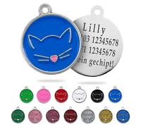 Ibera Gifts - Personalised Cat Collar - Alloy Metal Cat Tag with Name, Customizable Identification Tag for Medium to Large Pets, Round Shape with Cat Face Design, Fiber Laser Engraving (Blue)
